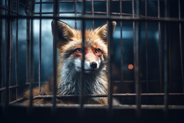 Fox locked in cage. Emaciated, skinny lonely fox in cramped jail behind bars with sad look. The concept of keeping animals in captivity where they suffer. Prisoner. Waiting for liberation - obrazy, fototapety, plakaty