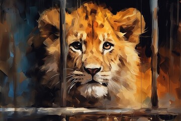 Little Lion cub locked in cage. Skinny lonely lion in cramped jail behind bars, sad look. In style of oil painting. Concept of keeping animals in captivity where they suffer. Prisoner. Animal abuse. - obrazy, fototapety, plakaty