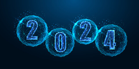 Abstract 2024 New Year digital web banner template. Futuristic greeting card on dark blue background - obrazy, fototapety, plakaty