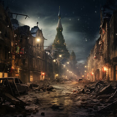 a city destroyed by bombing with decorated Christmas