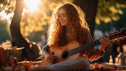 Attractive girl plays guitar in park in summer, young woman guitarist practices music outside home. Female player with acoustic instrument on picnic. Concept of nature, musician, beauty - obrazy, fototapety, plakaty