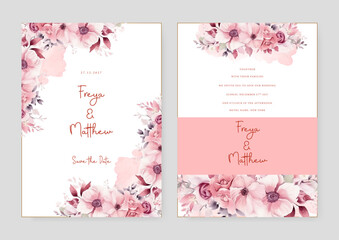 Fototapeta na wymiar Pink cosmos beautiful wedding invitation card template set with flowers and floral