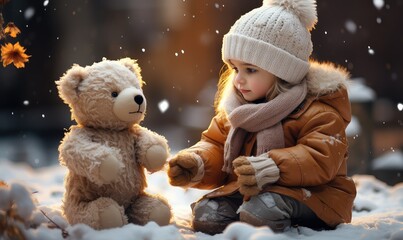 Mała dziewczynka bawiąca się z pluszowym misiem na zimowym śniegu.  - obrazy, fototapety, plakaty