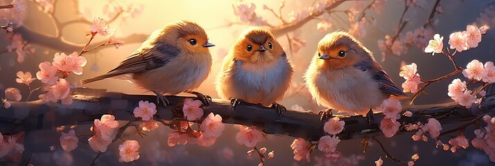 Trzy puszyste ptaszki siedzące na kwitnącej gałęzi. 