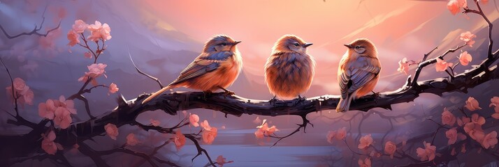 Trzy puszyste ptaszki siedzące na kwitnącej gałęzi.  - obrazy, fototapety, plakaty
