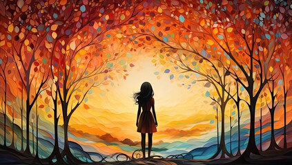 Kolory jesieni. Dziewczynka oglądająca zachód słońca pod jesiennymi drzewami ze złotymi liśćmi.