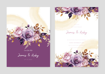 Pink and purple violet rose beautiful wedding invitation card template set with flowers and floral