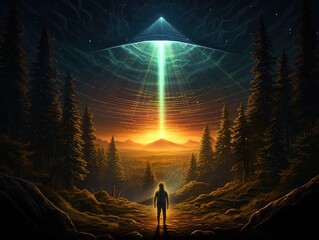 Światło ze statku kosmicznego UFO spadające na człowieka w lesie.  - obrazy, fototapety, plakaty