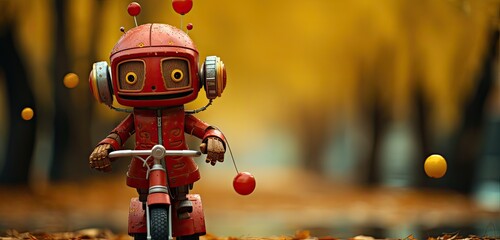 Mały słodki robot jeździ na rowerze po parku.  - obrazy, fototapety, plakaty