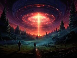 Światło ze statku kosmicznego UFO spadające na człowieka w lesie.  - obrazy, fototapety, plakaty