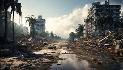 Miasto zniszczone bombardowaniem wojennym. Puste ulice zrujnowanego miasta ze zniszczonymi budynkami mieszkalnymi. 