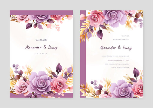 Pink And Purple Violet Rose Set Of Wedding Invitation Template With Shapes And Flower Floral Border