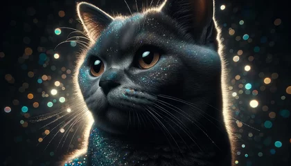 Foto op Plexiglas Katze mit Sternenstaub, Kosmische Eleganz funkelnd © PixelArtWork