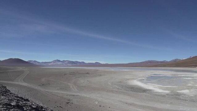 laguna verde and blanca in the arid landscape near volcano Licancabur in the high altitude of the Altiplano in the Andes mountains in the highlands of Bolivia.