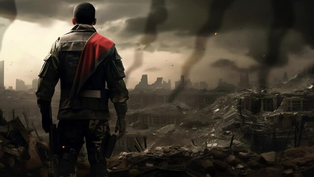 man standing in war-torn battlefield filled with building debris landscape