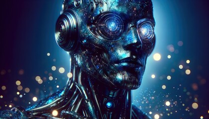 Kosmischer Humanuide KI, Maschine Computer Androide Sternenstaub im mechanischen Sinnbild - obrazy, fototapety, plakaty