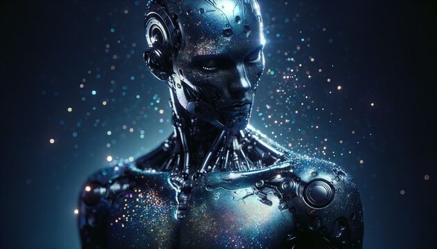 Kosmischer Humanuide KI, Maschine Computer Androide Sternenstaub im mechanischen Sinnbild