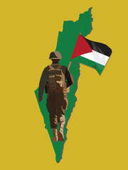 A vector of walking soldier  with Palestinian flag and Palestine Map. Free Palestine concept.