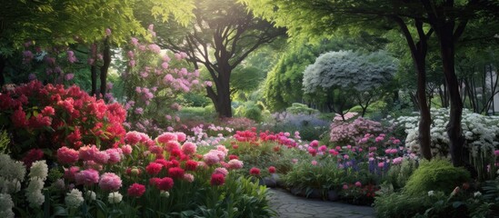 In the colorful garden surrounded by lush green trees and vibrant flowers the blooming pink and red floral display creates a backdrop of natural beauty that perfectly captures the essence o - obrazy, fototapety, plakaty