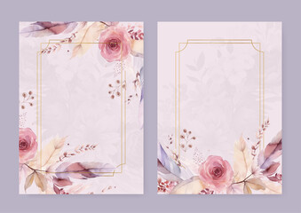 Pink rose artistic wedding invitation card template set with flower decorations
