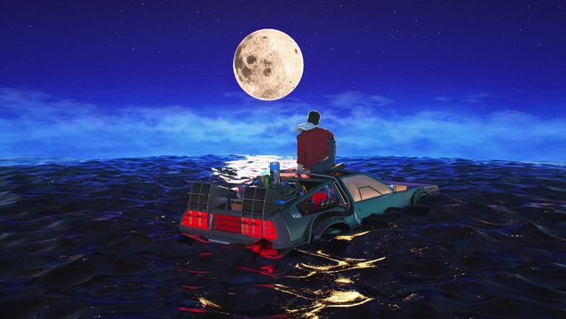 Serene Moonlit Ocean: Loopable Scene of a Hooded Figure Contemplating the Full Moon from a Car Roof