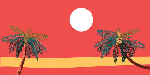 Vector beach sunset and day ocean landscape illustration for banner. Summer sunset background. Colorful tropical landscape with moon, palm trees forest and calm water reflection. Hello august set	

