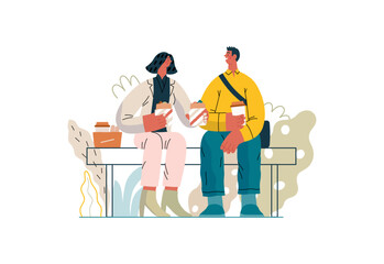 Mutual Support: Share food -modern flat vector concept illustration of woman offering half of her lunch to colleague in the park. A metaphor of voluntary, collaborative exchanges of resource, services