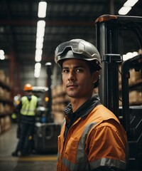 A portrait of worker with safety equipment in warehouse