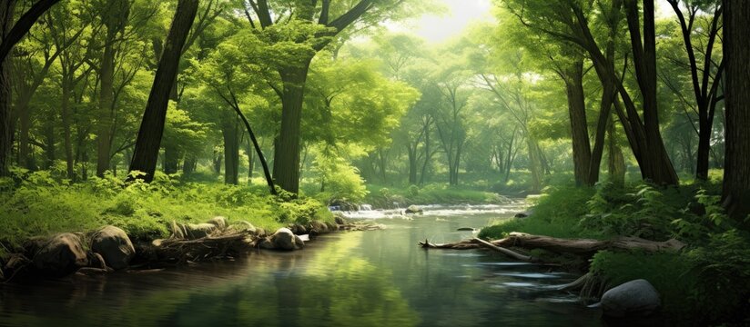 In the spring as I travel to immerse myself in the beauty of nature I find solace in the lush green forest with its towering trees and vibrant foliage set against the backdrop of a serene b