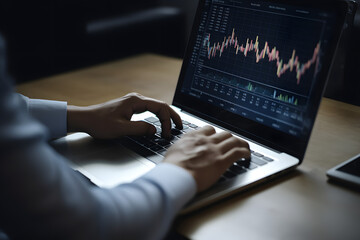 Businessman using laptop analyzing indicators of finance trade with graph showing the ups and downs of the stock market  - obrazy, fototapety, plakaty