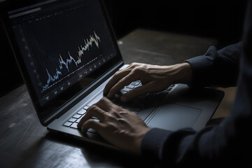 Businessman using laptop analyzing indicators of finance trade with graph showing the ups and downs of the stock market  - obrazy, fototapety, plakaty