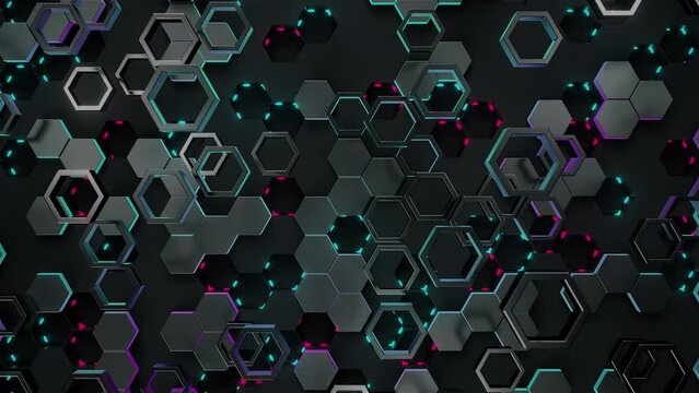 Looped 3D Hexagonal Pattern with Neon Glow in Blue and Pink on Dark Abstract Background &ndash; Seamless Depth Animation
