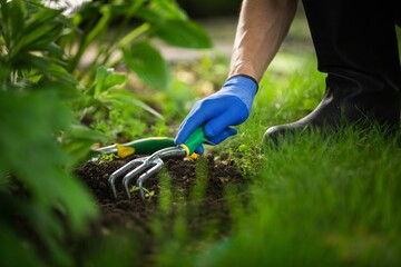 Worker working in the garden with garden tools and soil