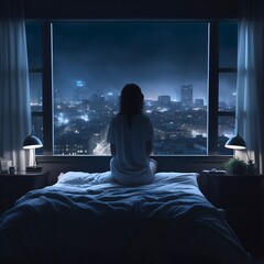 A young woman with insomnia is unable to sleep is sitting up in her bed middle of the night starting out the window at the city lights below -generative AI - obrazy, fototapety, plakaty
