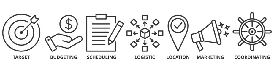 Obraz premium Event management banner web icon vector illustration concept with icon of target, budgeting, scheduling, logistics, location, marketing, and coordination