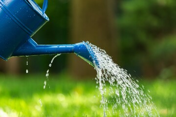 Man watering grass from a watering can in garden, - obrazy, fototapety, plakaty