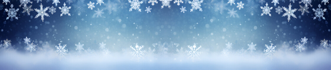 Fototapeta na wymiar Christmas winter banner with snowflakes, horizontal, copy space