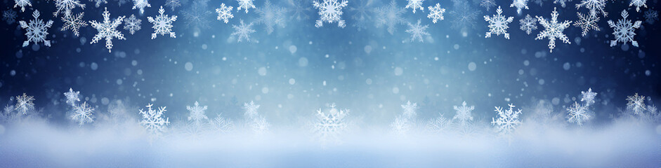 Fototapeta na wymiar Christmas winter banner with snowflakes, horizontal, copy space