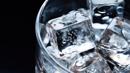 Macro view of a glass of clear water with a single ice cube.