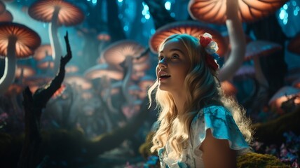 Alice in Wonderland looks at the first mushroom Ai generated art