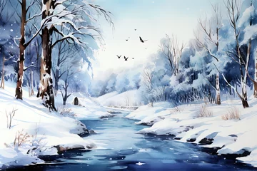 Fotobehang Winter picturesque watercolor landscape. Ai art © Tatyana Olina