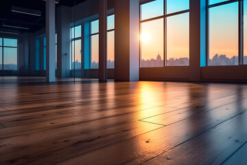 Empty room with view of the city and sunset
