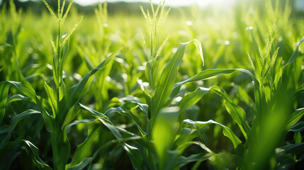Obraz premium A close-up of lush green biofuel crops, such as corn or sugarcane, used for sustainable energy.