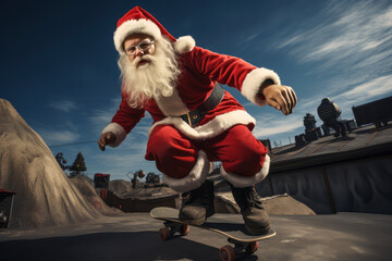 Santa Claus executing impressive skateboard tricks in a skatepark, blending Santa's iconic image with skate culture. - obrazy, fototapety, plakaty