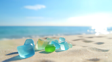 sea glass on the beach with sea view and copy space
