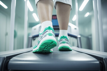 A close-up of a person's feet in sneakers, walking with determination and courage on a treadmill, undergoing a rehabilitation and physiotherapy session after a traffic accident.