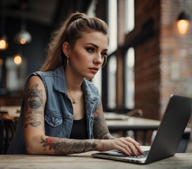 young professional working in a coffee shop with a laptop