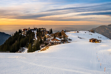 Ski resort and lodges on Klewenalp mountain in Swiss Alps, Switzerland. Popular ski slope and...