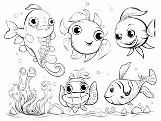 Fototapeta premium Bundle of Underwater animals for kids with simple lines.