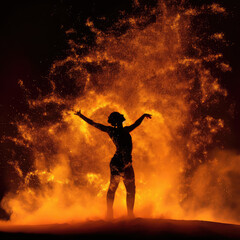 Fototapeta na wymiar Woman silhouette standing on red flame background. Fireshow in dark night. Girl dancing in burning fire